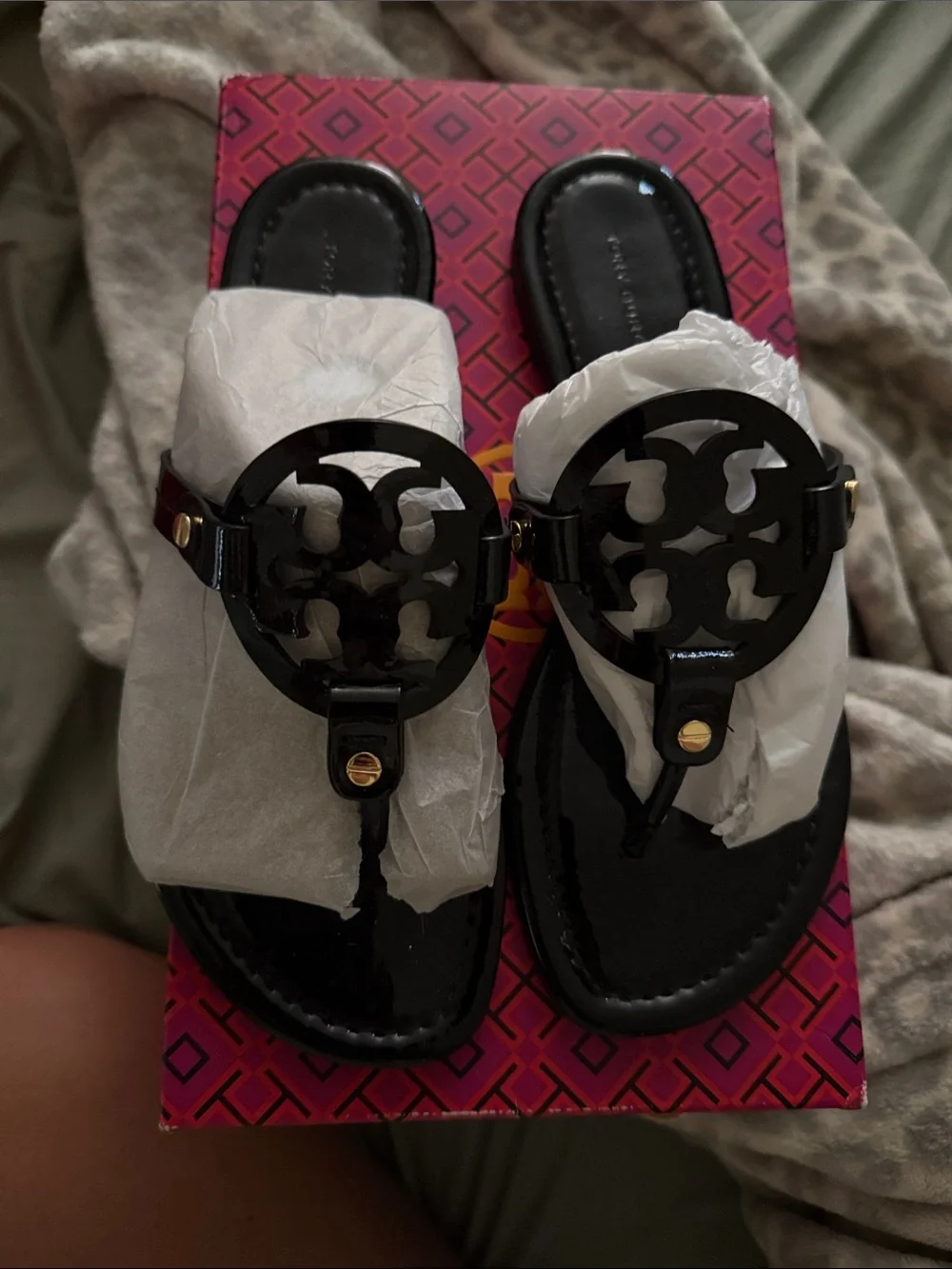 Tory Burch Black Patent Logo Thong Sandals